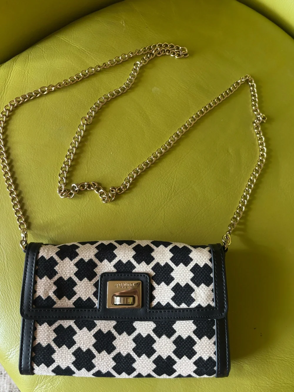 Spartina 449 Black Ivory Woven Crossbody Clutch Gold Chain Bag